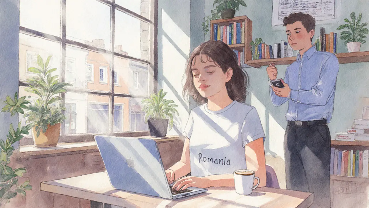 A woman works on her laptop in a cozy Shoreditch coffee shop as someone politely asks for the Wi-Fi password.