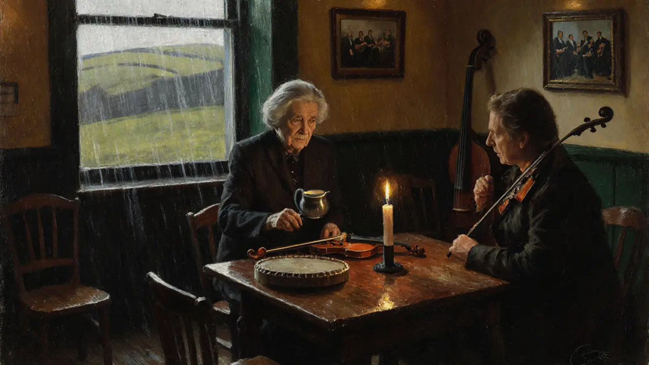 An elderly Irish woman pouring tea for a guest in a quiet Doolin pub after music.