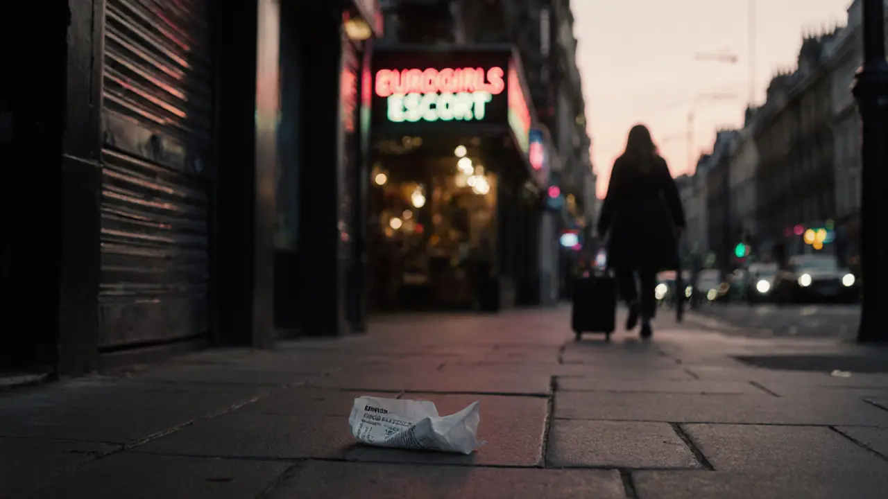 An empty street at dawn with a discarded escort service receipt blowing in the wind under a fading neon sign.