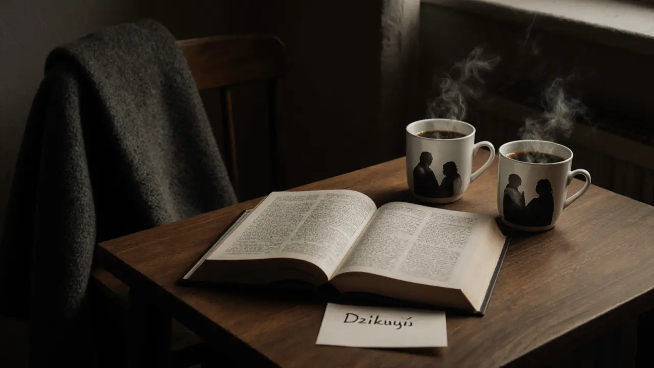 An open book and two empty coffee cups on a wooden table, steam rising, a wool coat nearby — symbolizing quiet connection.