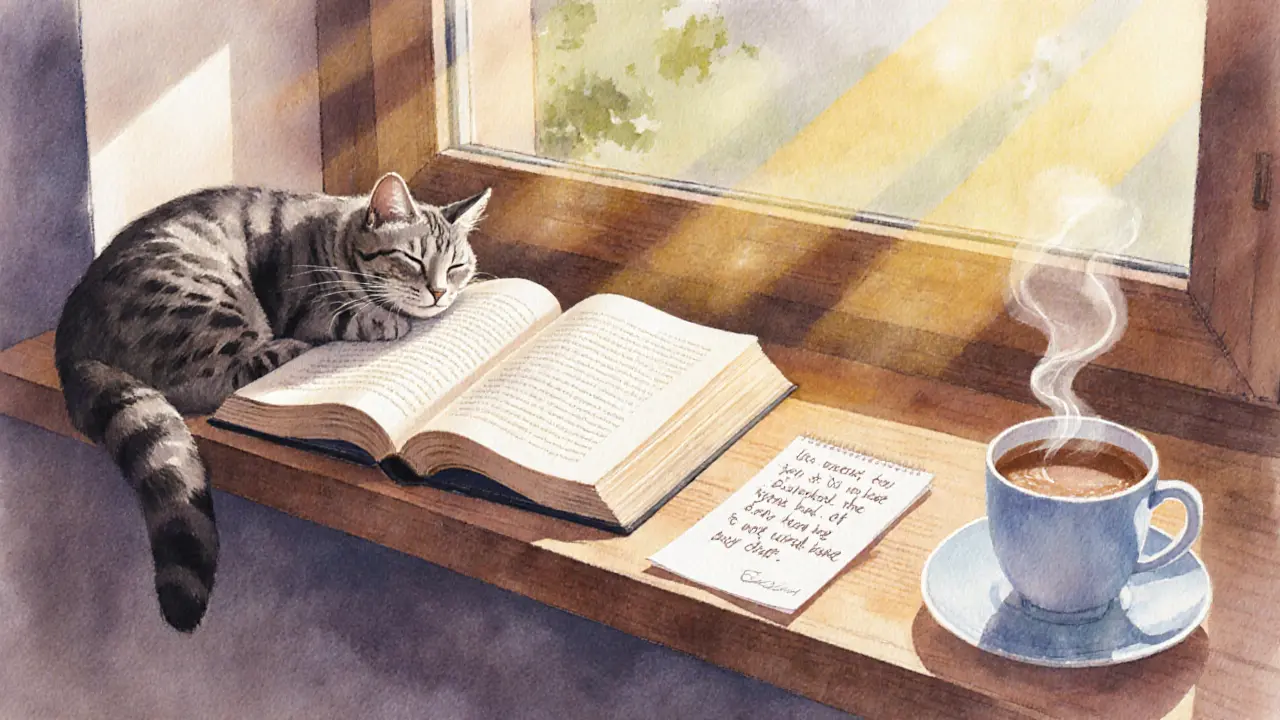 An open book with a coffee cup and sleeping cat on a sunlit windowsill, symbolizing quiet connection.