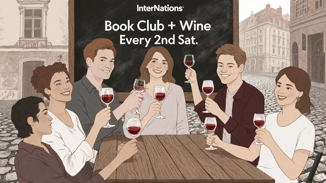 Diverse group of expats enjoying a wine tasting event in Prague, no apps visible.