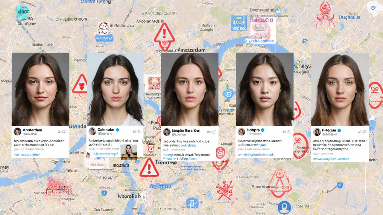 Five identical stock photos of a woman overlaid on European city maps with fake escort website icons.