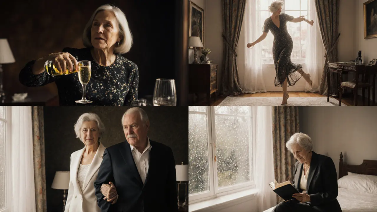 Four mature women in elegant settings, each radiating presence through calm, authentic moments.