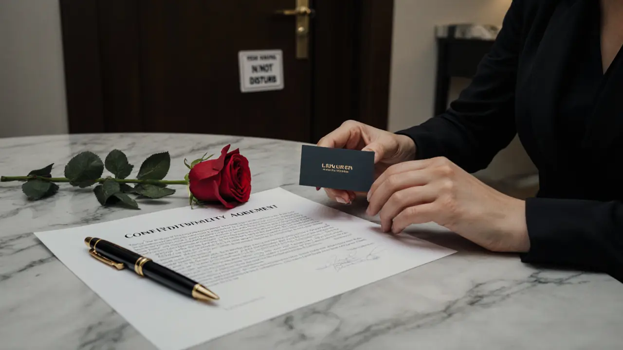 Hands placing a business card and rose beside a confidentiality agreement on marble.