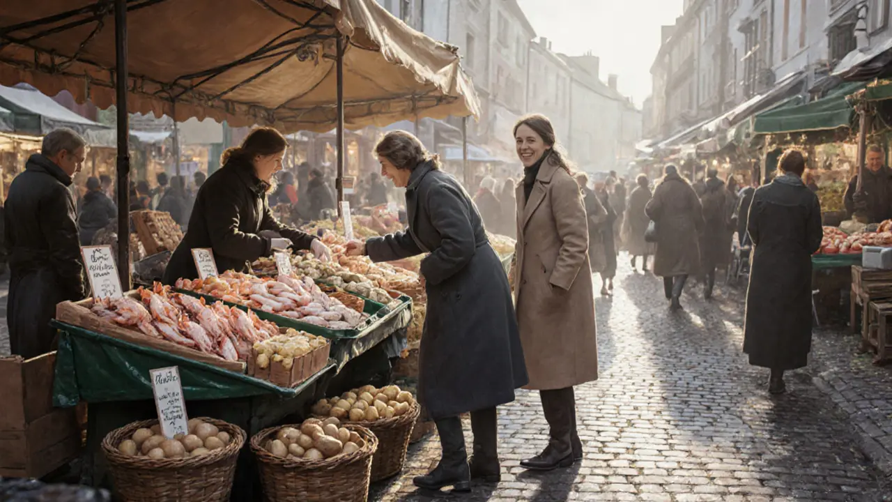 Irish women buying fresh fish at a Saturday farmers market in Cork.