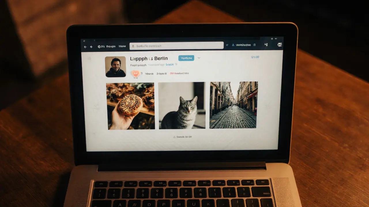 Laptop screen showing a dating profile with three subtle photos: a pastry, a cat, and a street.