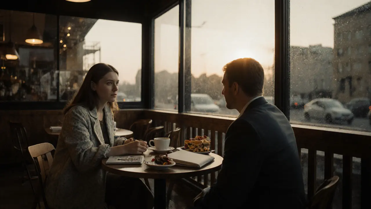 Man and woman having quiet conversation over coffee in a cozy evening café.