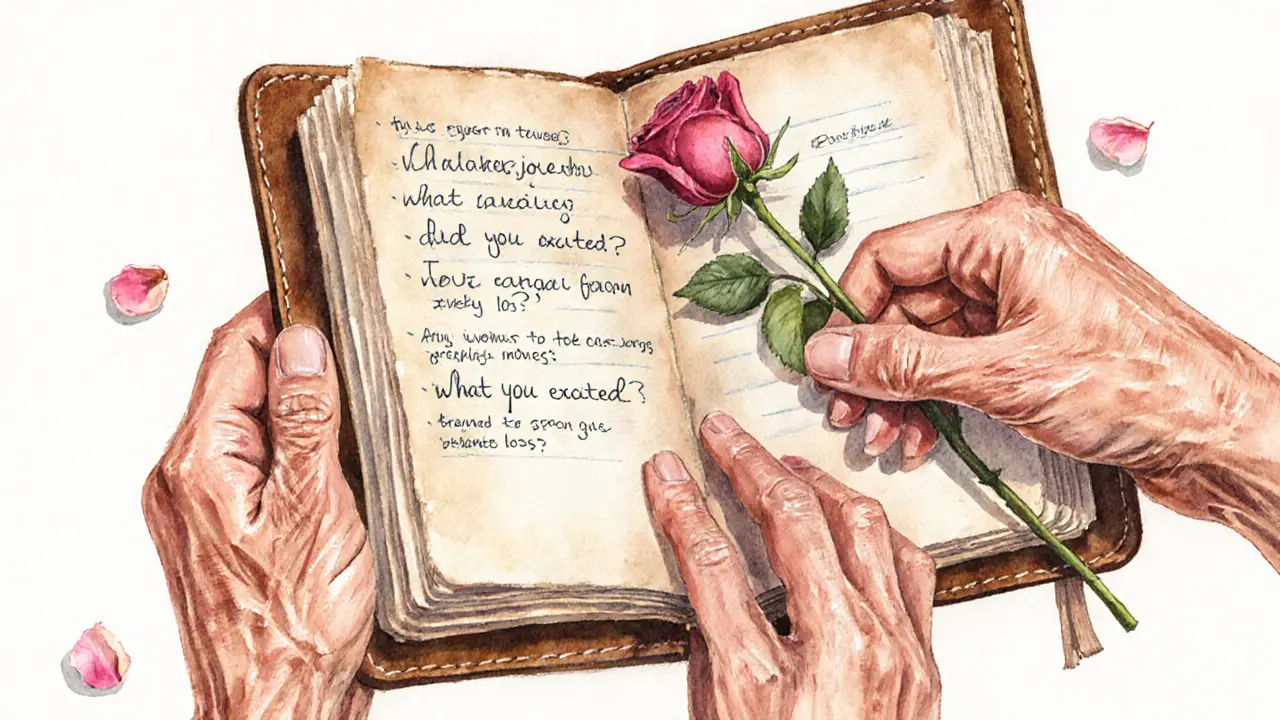 Older hands holding a journal with deep questions beside a single rose, no faces, only textures and warmth.
