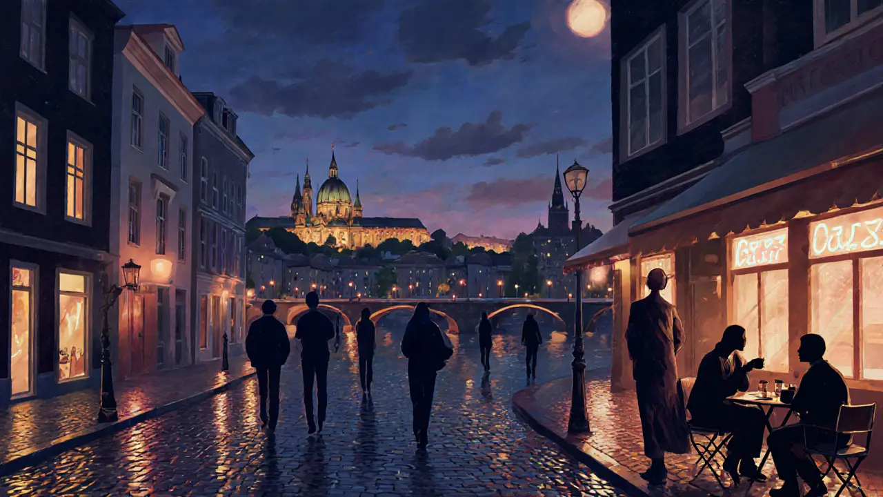 Silhouettes of people walking together in European cities at dusk, with soft lights reflecting on wet streets.