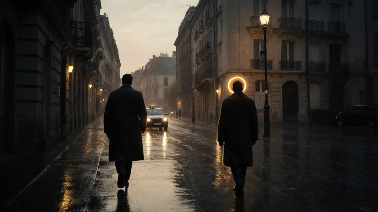 Silhouettes parting ways on a rainy European street at dusk, symbolizing a respectful, fleeting encounter.