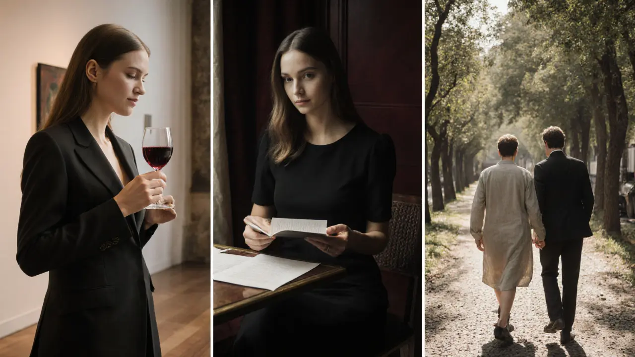 Three elite women in elegant settings across Europe: gallery, café, and forest.