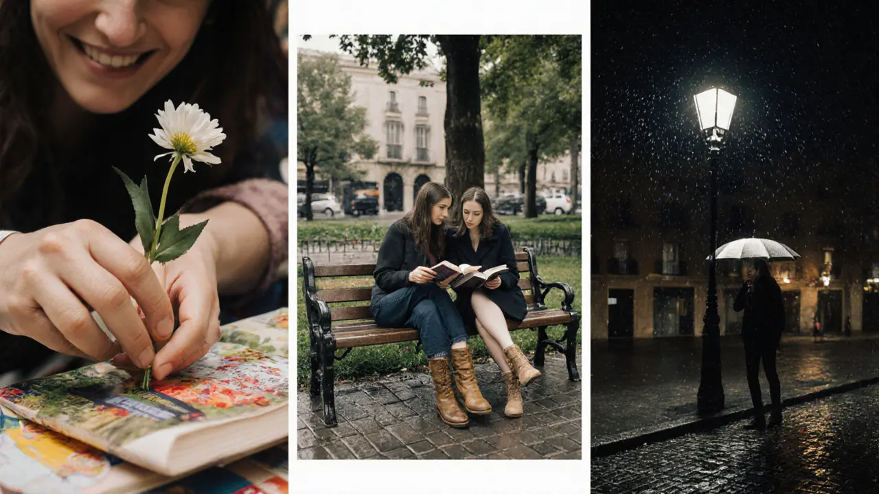 Three quiet scenes of authentic connection in Europe: flowers at a market, reading side by side, shared umbrella in rain.