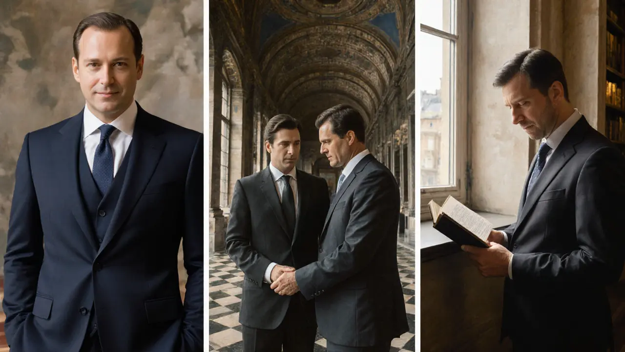 Three sophisticated women in Europe: one at a summit, one in a museum, one in a library.