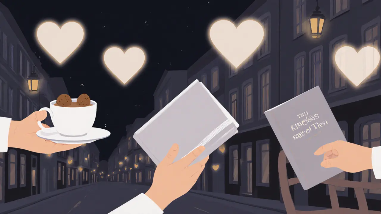 Three symbolic gestures—a coffee cup, a book, a pulled-out chair—floating with faint heart glows, representing kindness over cash.