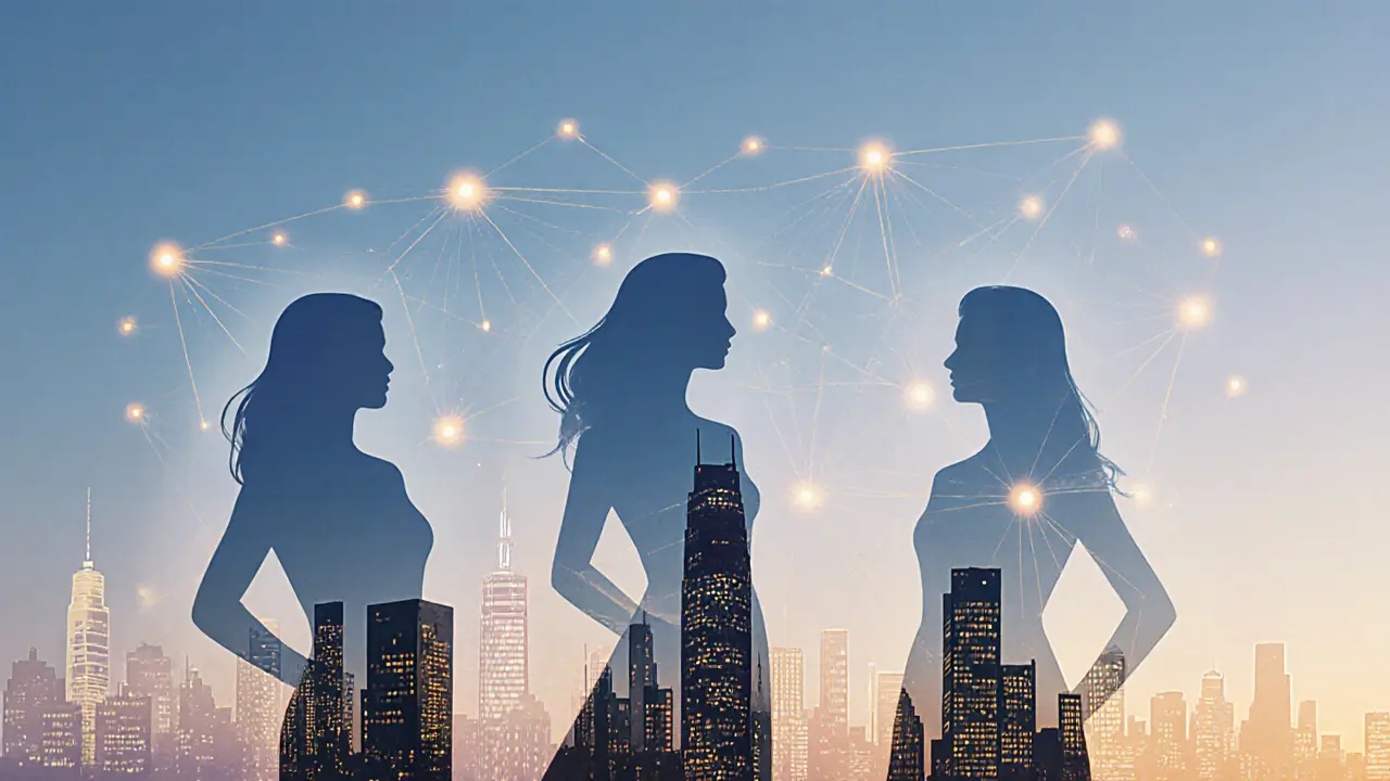 Three translucent silhouettes of women connected by golden threads, representing urban centers with subtle city outlines in a dusk gradient.