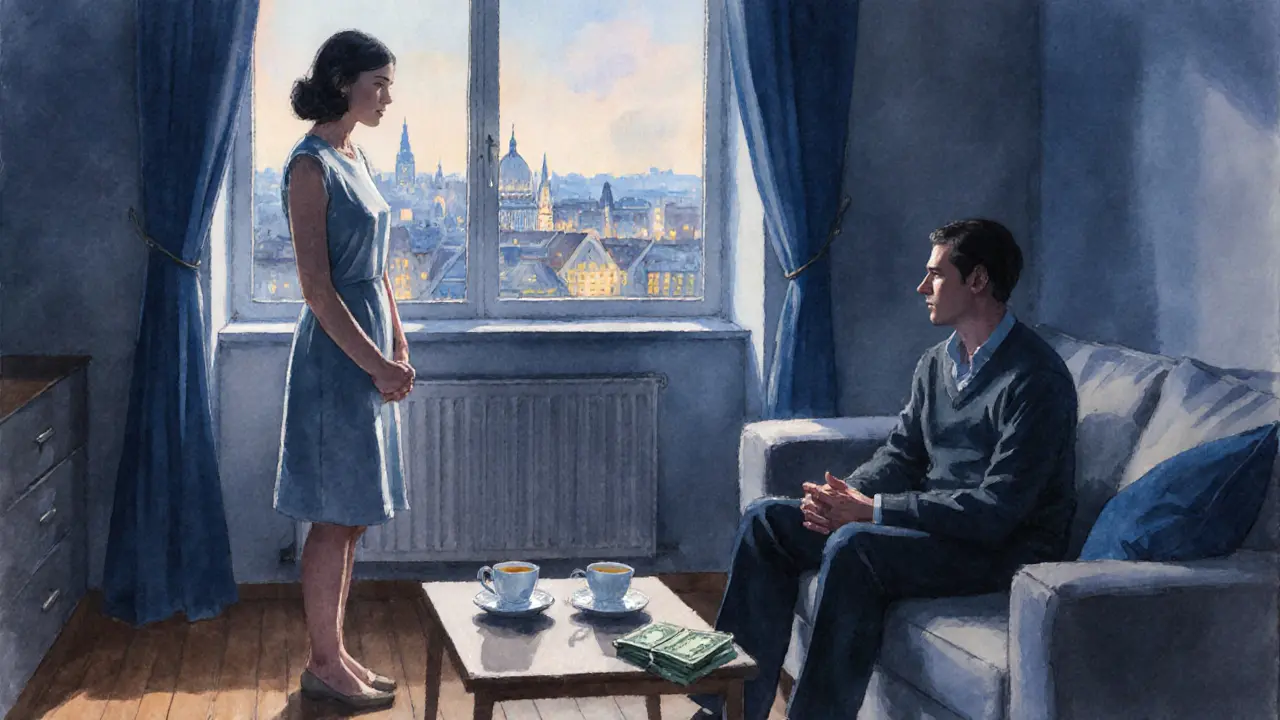 Two people in a softly lit apartment, seated apart, sharing quiet time with tea and cash on the table.