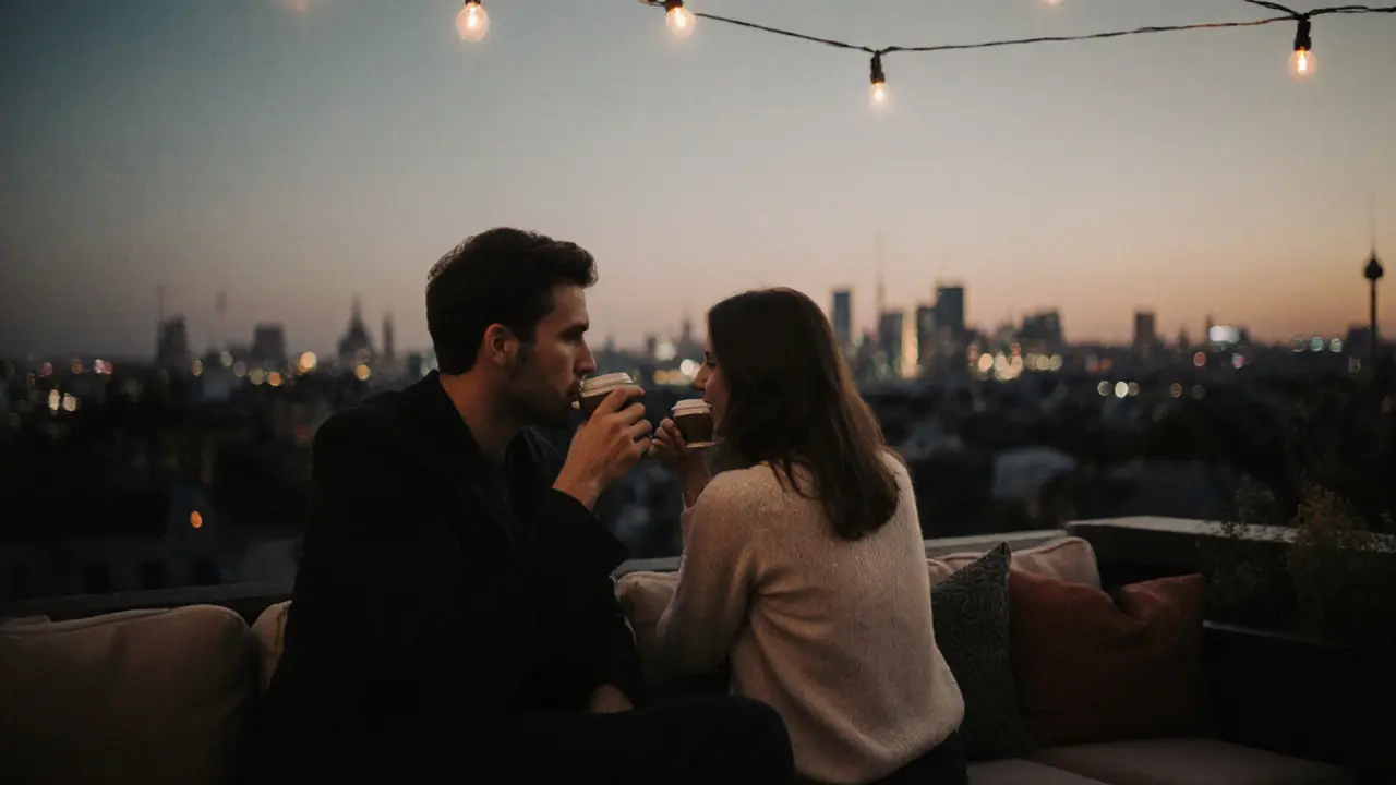 Two people relaxing on a rooftop bar at twilight, sipping coffee as the city glows behind them.
