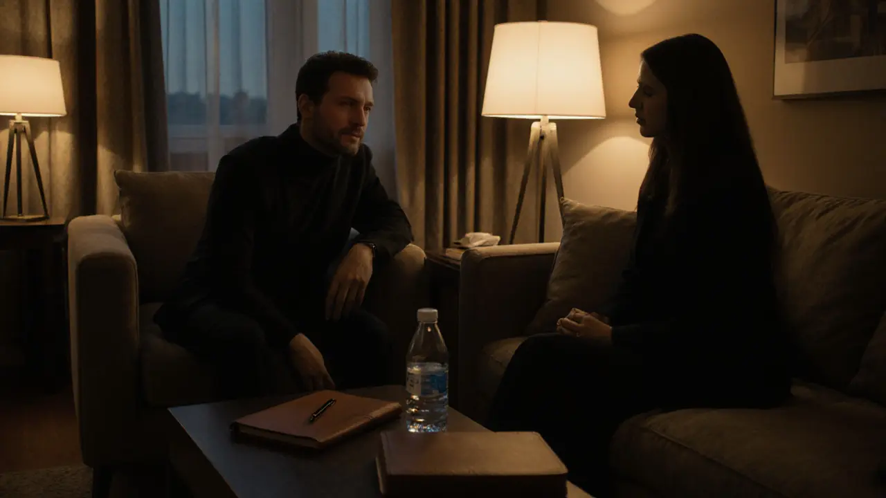 Two people seated calmly in a hotel room, engaged in thoughtful dialogue without physical contact.