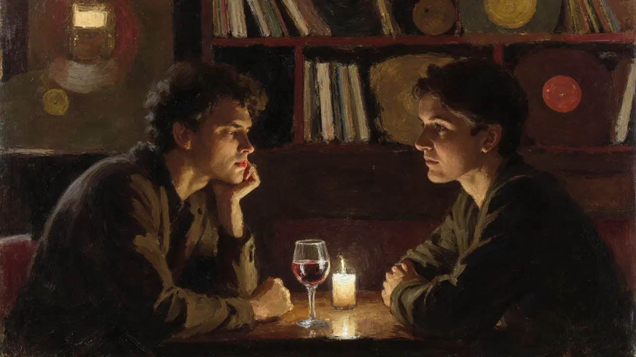 Two people share a quiet moment in a Vienna jazz bar, candlelight casting soft shadows as they connect without words.