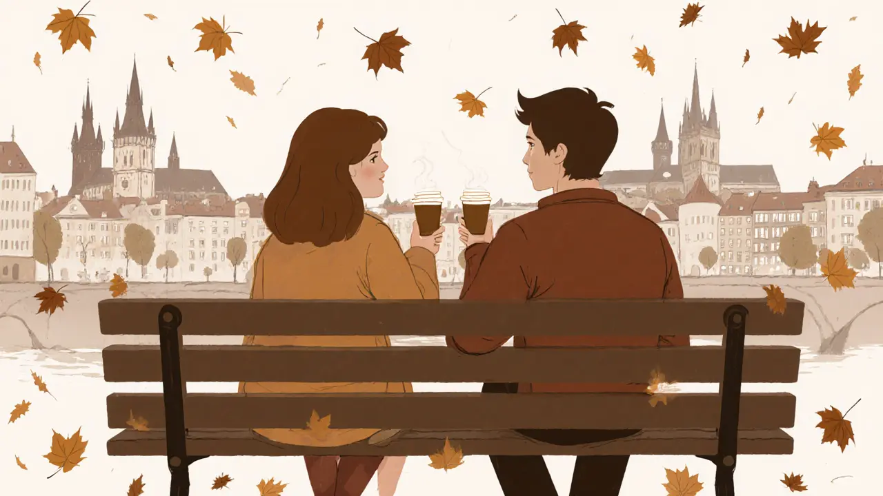 Two people sitting peacefully on a park bench in Prague, autumn leaves around them, enjoying quiet companionship.
