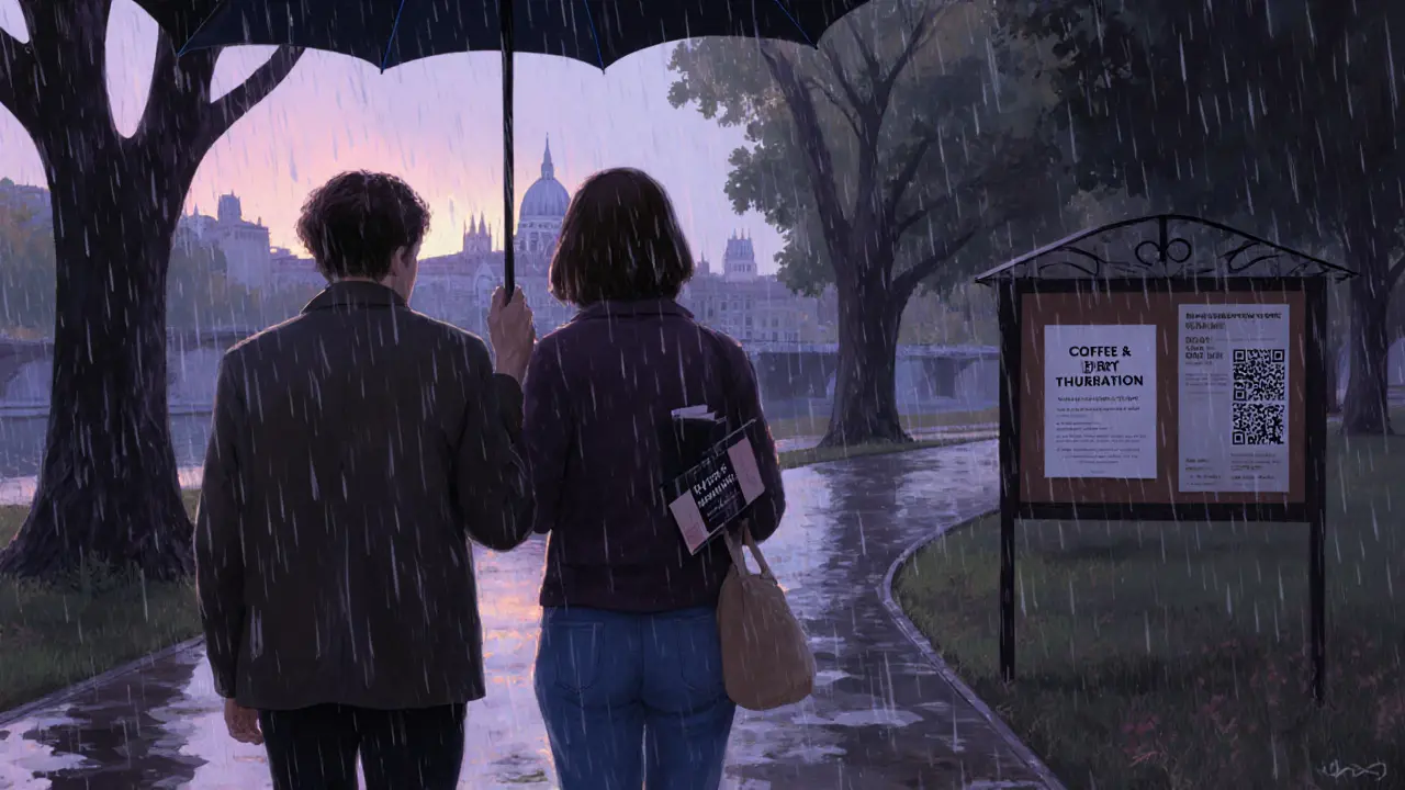 Two people walking in a Budapest park with a Kafka book, rainy dusk atmosphere.