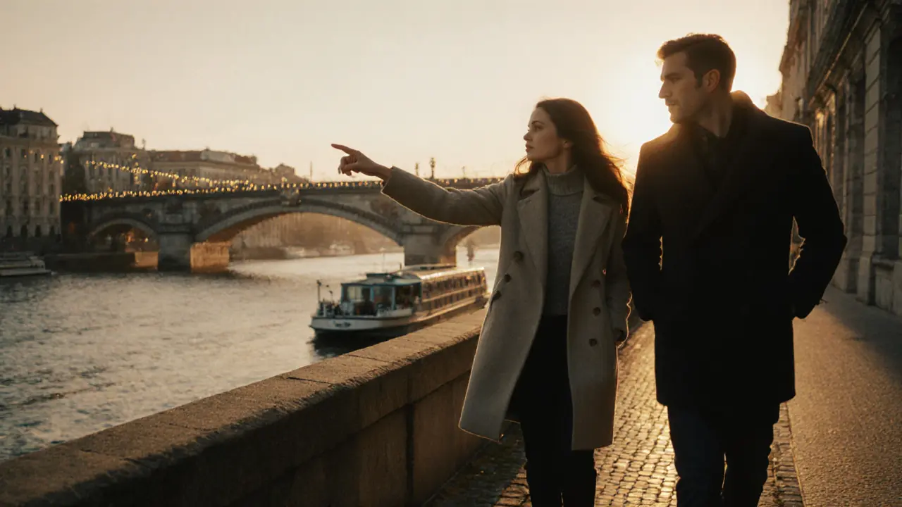 Two people walking peacefully along a riverside at sunset, sharing a quiet moment in Vienna.