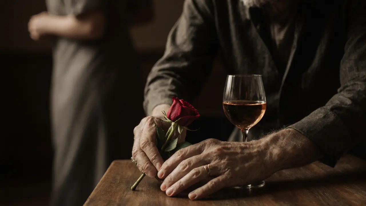 Weathered hands place a rose beside a wine glass, conveying deep emotional resonance.
