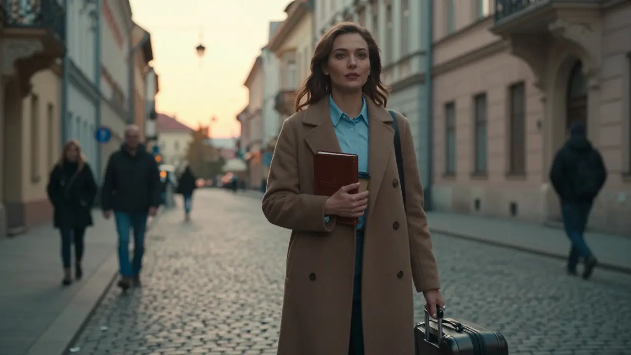 A confident woman stands on a Budapest street at sunset, holding a journal and coffee.