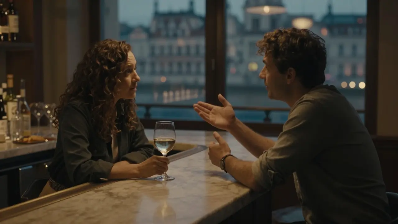 A couple in a dim Budapest bar, sharing a nostalgic story under warm amber lights, city reflections glowing behind them.