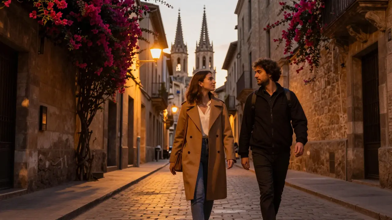 A couple walking through Barcelona's Gothic Quarter at sunset, enjoying companionship.