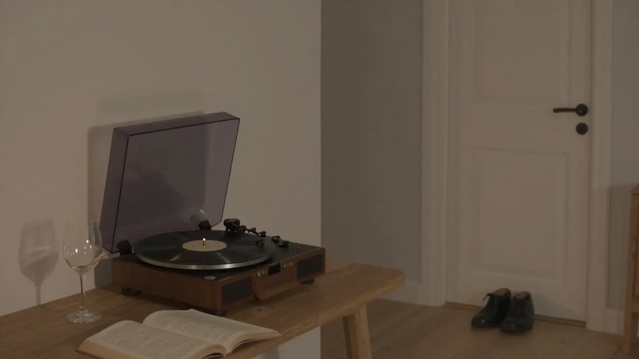 A cozy Swiss chalet interior at night, with vinyl playing, wine glass, and open book—no people, only quiet connection.