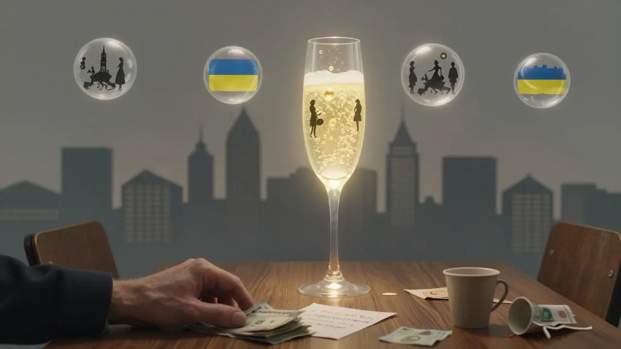 A floating champagne flute glows above European cityscapes, its bubbles showing travelers, cash on a table below.