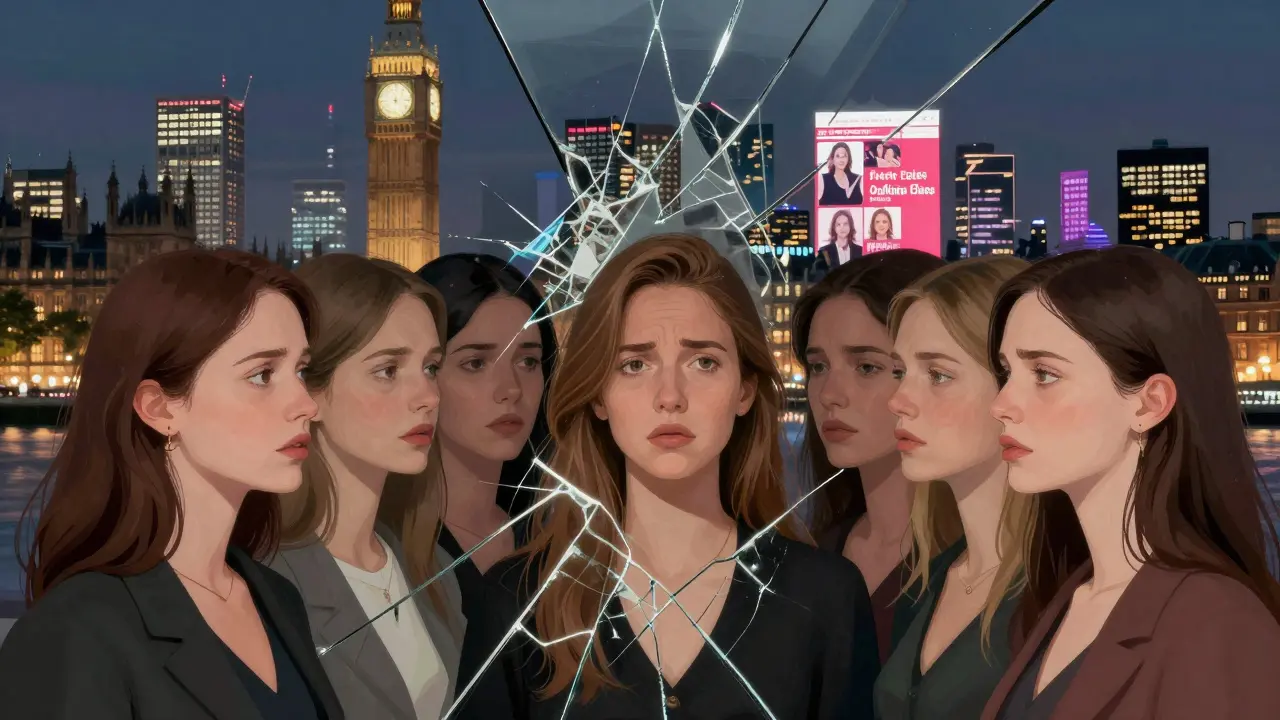 A fractured mirror reflects diverse Eastern European women's faces merging into London's skyline.