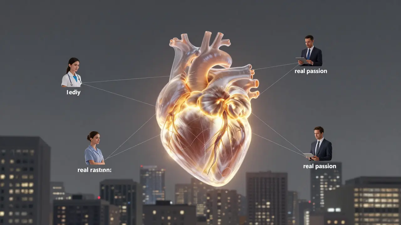 A glowing heart connected by threads to five diverse people, symbolizing emotional connection beyond physical service.