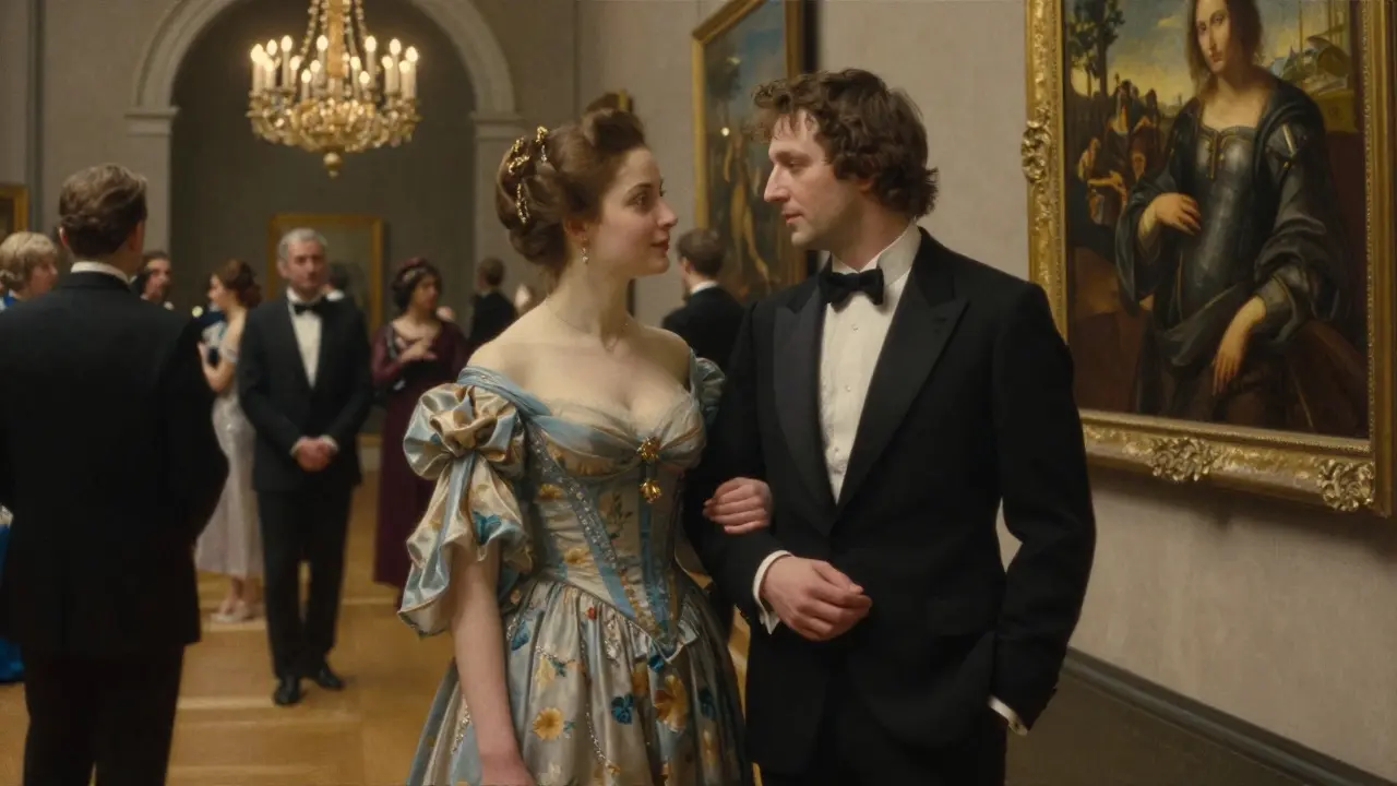 A gracefully dressed woman and man attending a museum gala, sharing a moment of quiet companionship.