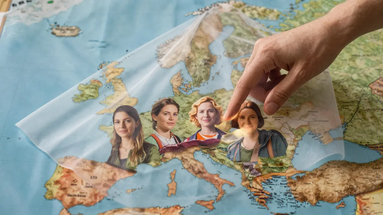 A hand lifting a veil over Europe to reveal individual women—coder, baker, hiker—each uniquely lit.