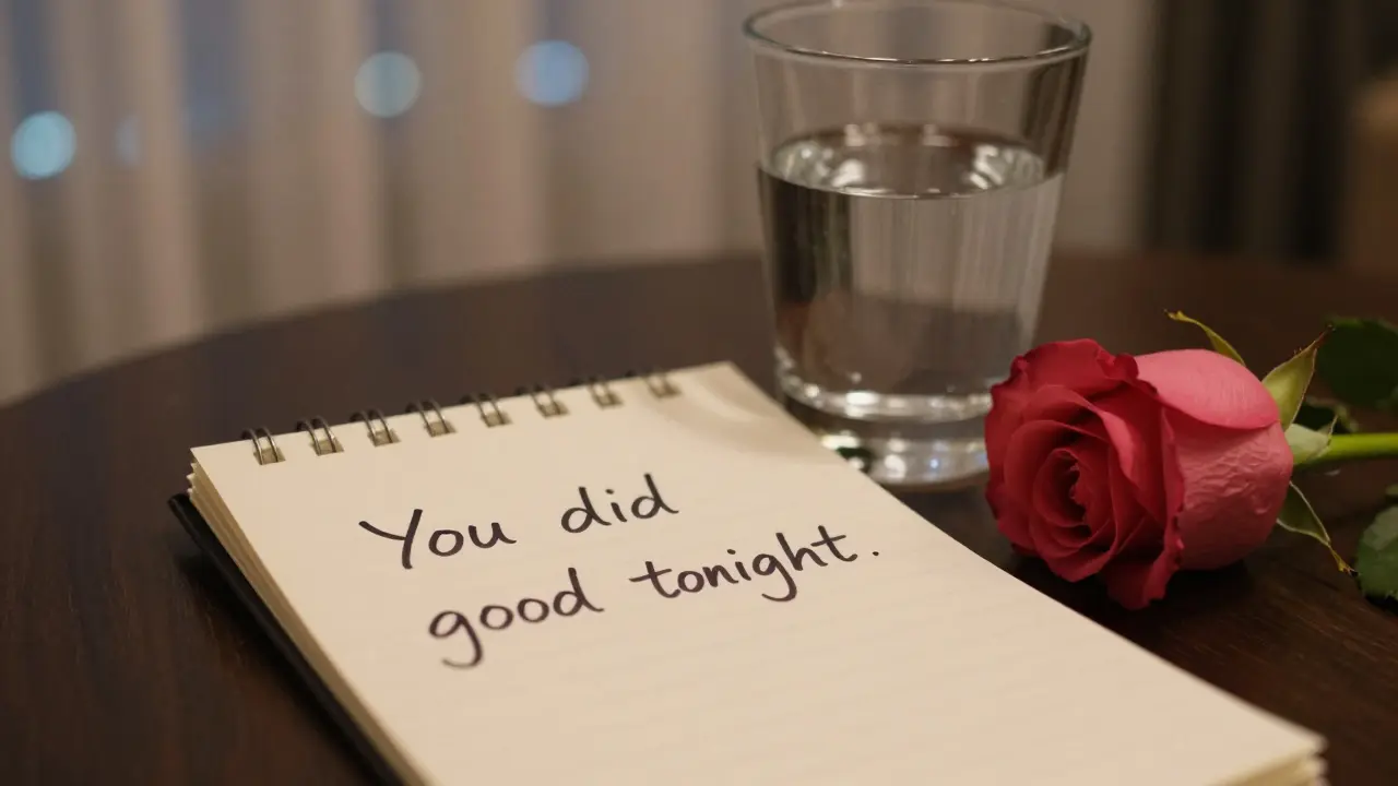 A handwritten note saying 'You did good tonight' beside a glass of water and a rose on a hotel notepad.