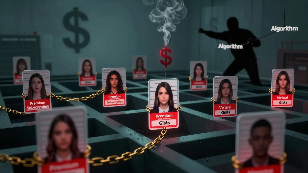 A labyrinth of dating profiles chained by premium subscriptions, controlled by a shadowy algorithm figure.