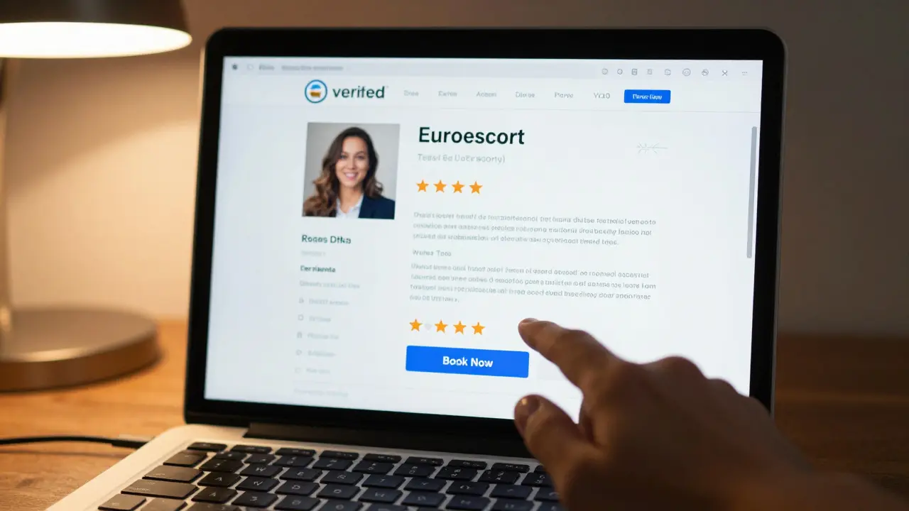 A laptop screen displays a verified escort profile with reviews, hand ready to click book, warm desk lighting.