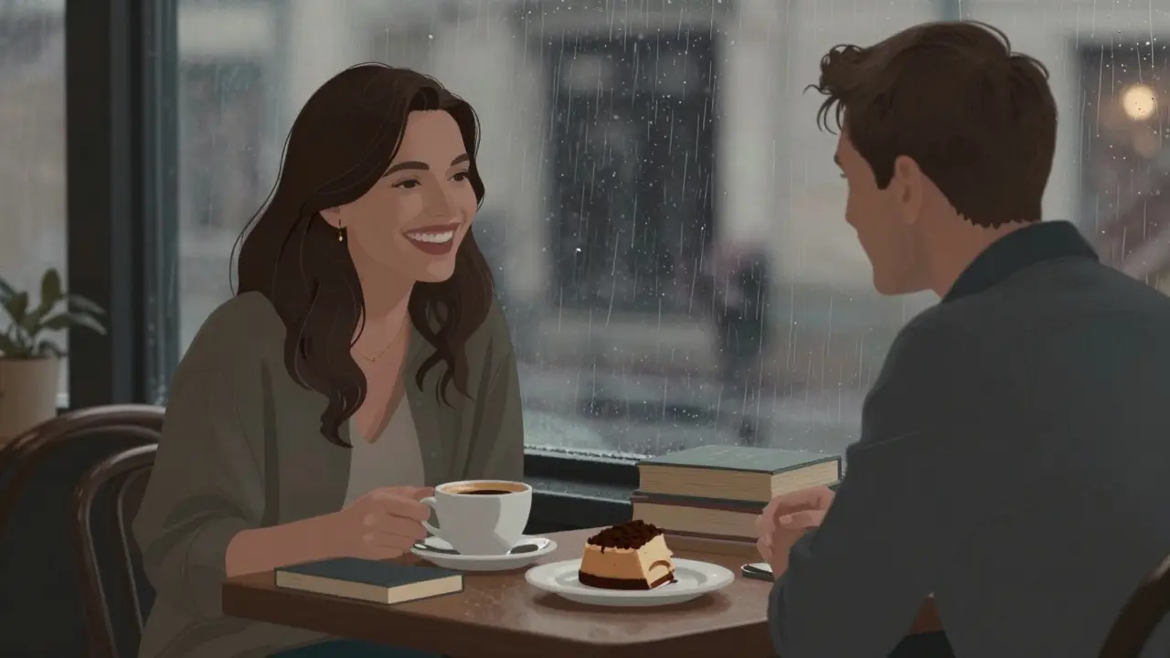 A man and woman having a thoughtful conversation over coffee in a quiet café at dusk.