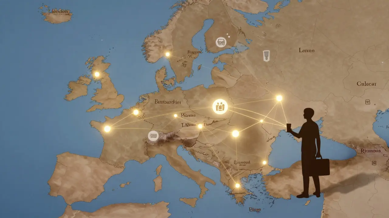 A map of Europe shows glowing cities connected by golden threads to a solitary traveler silhouette.