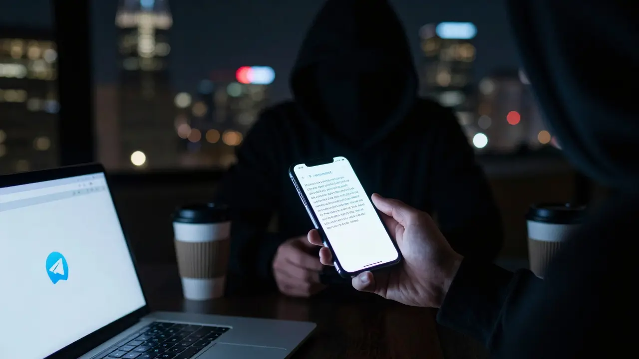 A person sends a secret message on a phone in a dark room, surrounded by evidence of clandestine arrangements.