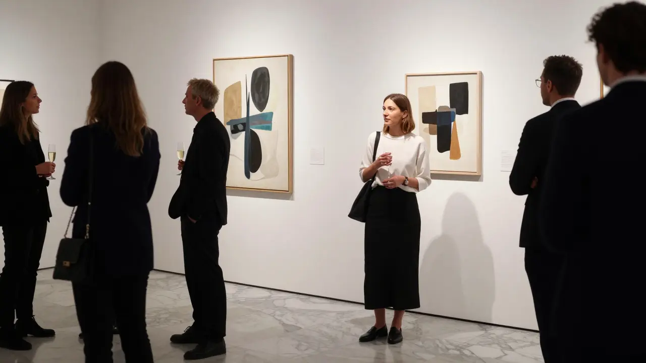 A poised woman at an art gallery opening engages in quiet conversation among refined guests.