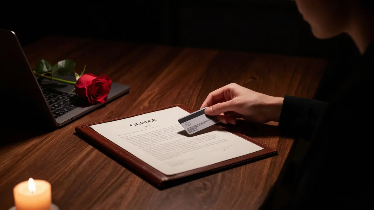 A private contract and keycard on a wooden desk beside a rose, symbolizing discretion and mutual respect in elite companionship.