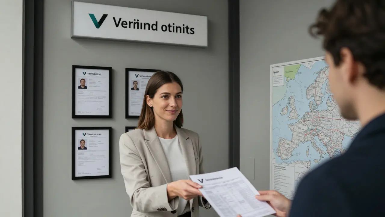 A professional escort agency office in Amsterdam with a client receiving an itinerary.