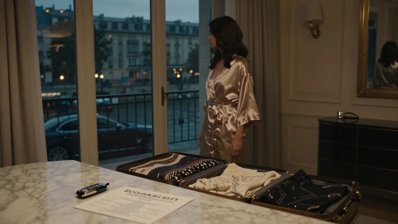 A sophisticated woman in Paris stands by a window with a suitcase and escort profile on the counter.