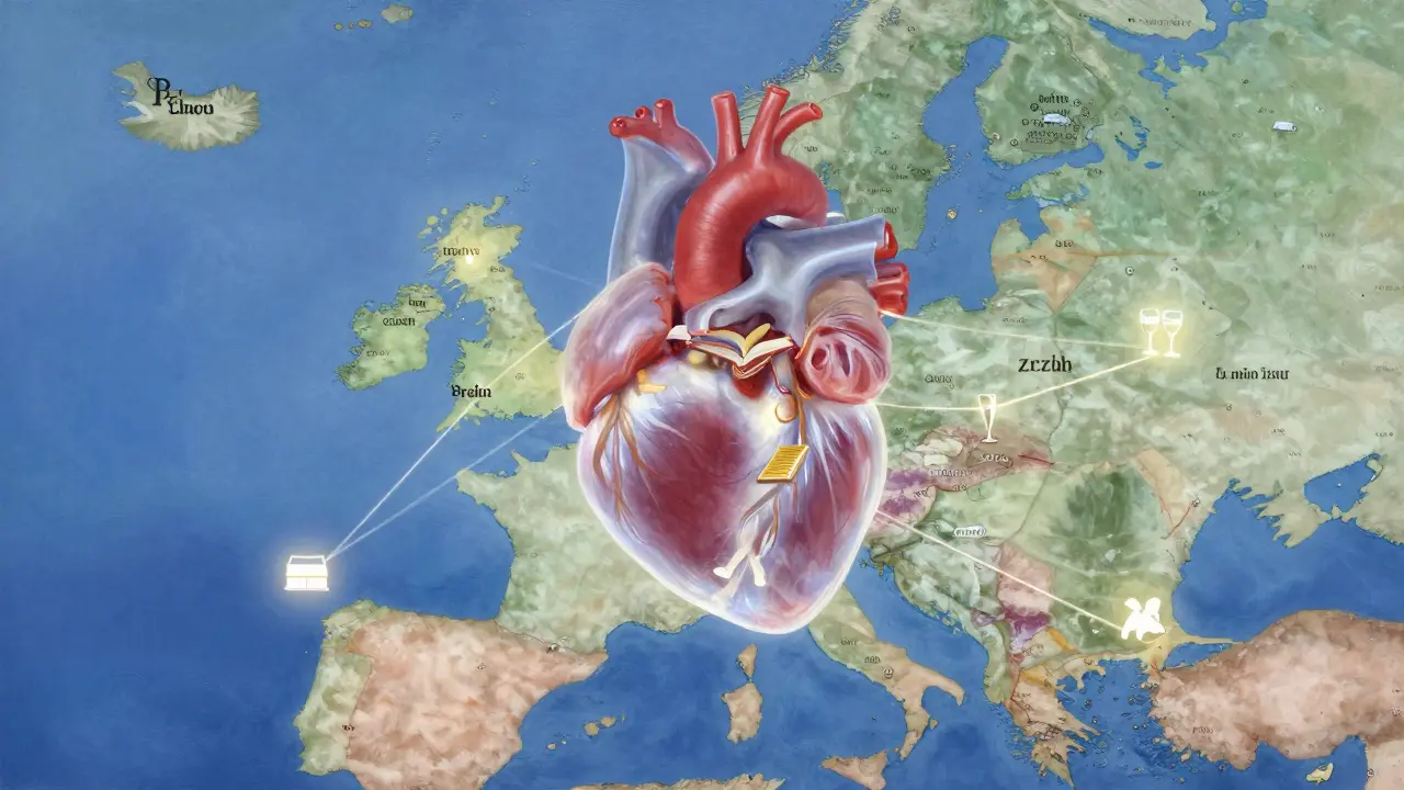 A transparent heart above a European map, connected by glowing threads symbolizing connection, language, and quiet moments.
