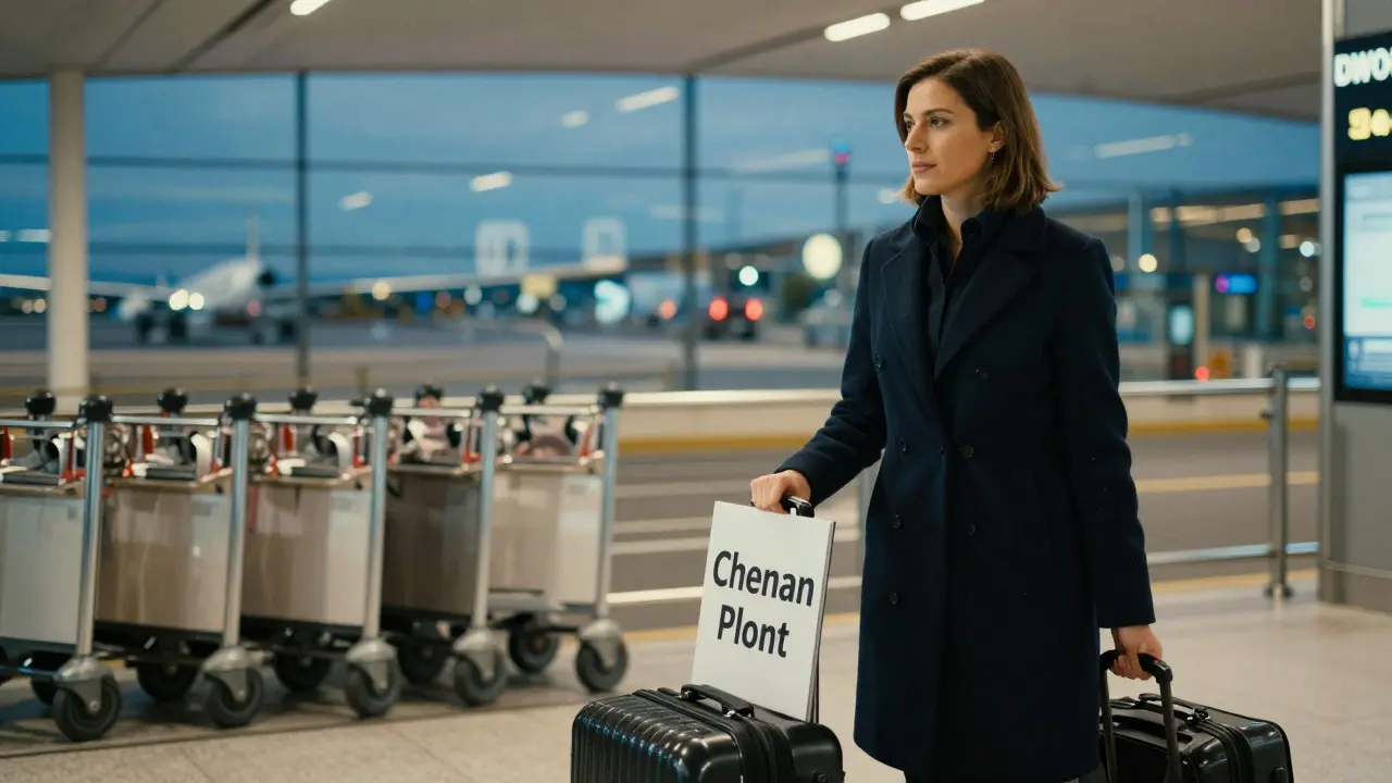 A travel escort waiting at Heathrow Airport with a sign, dressed professionally for a discreet pickup.