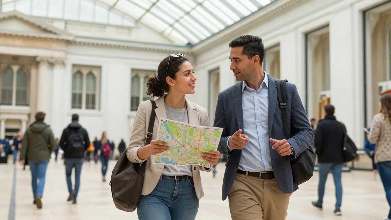 A woman and man exploring a museum together during the day, engaged in thoughtful conversation.